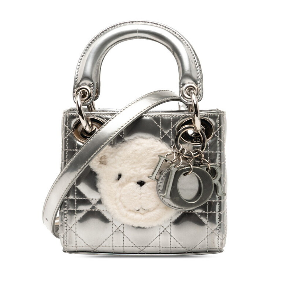 Dior Cannage Lady handbag shoulder bag silver Patent Vernis leather fur